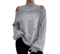 Pull tricoté à épaules dénudées pour femme, pull sexy à épaules dénudées, haut en tricot tendance, coupe décontractée, pull chaud décontracté, polyvalent, confortable et doux pour l'automne, gris, M