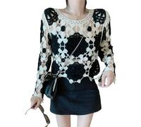 Pull tricoté à Fleurs au Crochet pour Femmes, Hauts tricotés d'été, Pulls à Manches Longues, Jolis Pulls Streetwear, Taille Unique-Noir-Taille Unique