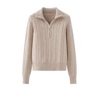 Pull tricoté à manches longues et demi-col haut pour femme, pull décontracté, coupe ample, demi-fermeture éclair, couleur unie, automne et hiver Pulls Molletonnés Mignons Pour Femmes (Beige, One Size)