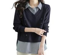 Pull tricoté à manches longues pour femme en deux pièces, décontracté avec veste à col en V, chemisier à rayures à manches longues, bleu, Taille unique