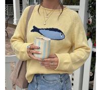 pull tricoté ample à manches longues avec motif de poisson mignon et décontracté Y2K pour femmes, automne/hiver, sortie, vacances, rentrée scolaire, jaune automnal L,M,S,XSNoëlTricots
