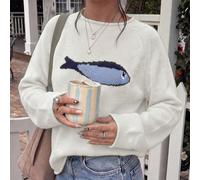 Pull tricoté ample à manches longues pour femme, style décontracté mignon Y2K, motif poisson, blanc, pour vacances et rentrée scolaire, automne L,M,S,XSCartoonTricots