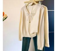 Pull tricoté ample avec nœud perlé et col en V, élégant et jeune, style européen et américain L,M,SUnicoloreLaine peignée