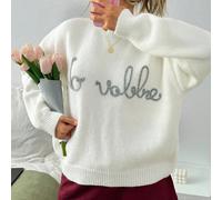 Pull tricoté blanc douillet avec broderie artisanale "No Volvere" sur le dos L,M,SLettresTricots