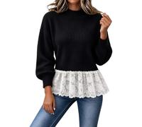 Pull tricoté en dentelle avec ourlet péplum, col montant et manches ballon | Chandail à volants floraux festonnés, col montant côtelé, poignets | Pull doux et extensible | Pull de bureau pour femme