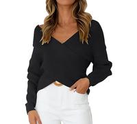 Pull tricoté léger et ample thermique pour femme - Col en V - Manches longues - Épaules dénudées - Ourlet asymétrique - Pull court uni pour femme, Noir , Taille unique