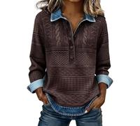 Pull tricoté pour femme à col en V tendance en denim patchwork pull 2 en 1 élégant pull décontracté pour le travail polo confortable et doux, Zc-Brown, XL