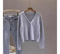 Pull tricoté pour femme avec col en V et manches longues - Longueur normale - Pour les vacances et les boîtes de nuit (gris)