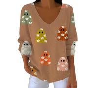 Pull tricoté pour femme - Haut d'Halloween pour femme - Col en V - Manches longues - T-shirt imprimé spécial pour la maison et l'extérieur - Cadeaux de fête, doré, S