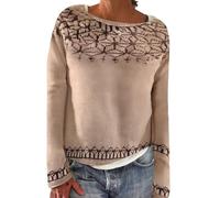 Pull tricoté pour femme imprimé île rétro décontracté ample col rond manches longues léger court pull pour femme UK, kaki, XXL
