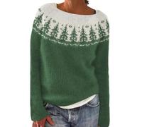 Pull tricoté pour femme imprimé île rétro décontracté ample col rond manches longues léger court pull pour femme UK, Vert, L