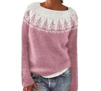 Pull tricoté pour femme imprimé île rétro décontracté ample col rond manches longues léger court pull pour femme UK, rose, 5XL