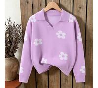 Pull tricoté pour filles préadolescentes, violet et blanc avec motif floral, col inversé, demi-boutonnage devant, manches longues, vêtements de rentrée scolaire pour filles automne-hiver 8Y,9Y,10Y,11-