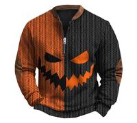 Pull tricoté pour homme avec coude Jack O'-Lantern Tête de citrouille Sweatshirts sans capuche Demi-fermeture éclair Pull à manches longues décontracté Col montant, doré, L