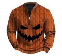Pull tricoté pour homme avec coude Jack O'-Lantern Tête de citrouille Sweatshirts sans capuche Demi-fermeture éclair Pull à manches longues décontracté Col montant, Orange, XXX-Large