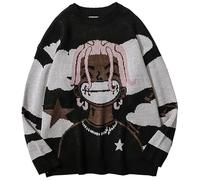 Pull tricoté pour homme - Style dessin animé - Pour l'hiver - Oversize - Rock Hip Hop - Rap - Pour femme, noir, Taille XL