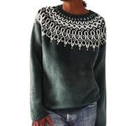 Pull tricoté rétro pour femme avec imprimé île - Style décontracté - Col rond - Manches longues - Léger - Court - Col rond, Vert noir, XXL