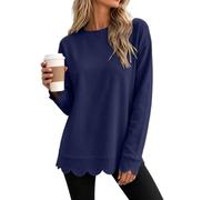 Pull tujnic asymétrique à col rond en dentelle pour femme | Pull d'hiver extensible à manches longues de couleur unie basique habillé pour rendez-vous au café, sorties, travail, maison