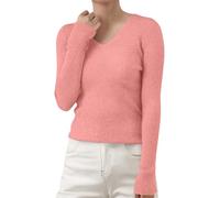 Pull uni confortable pour femme - Automne et hiver - Couleur unie - Col en V - Pull avec tricot coupe ajustée - Doux et confortable - Pour les entraînements en plein air, rose, L