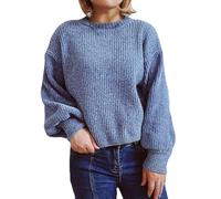 Pull uni confortable pour femme - Pour l'hiver et l'automne - Couleur unie - Col rond - Manches courtes - Pull court en tricot doux et chaud pour femme - Cadeau de Noël en plein air, bleu, M