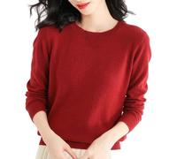 Pull uni confortable pour femme - Pull léger à manches longues et col rond - Léger et doux - Chemisier tricoté pour l'extérieur - Cadeaux de Noël, Rouge, L