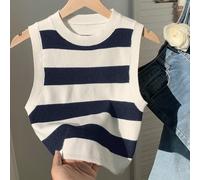 Pullover court tricoté rayé bleu marine style décontracté minimaliste pour femme L,M,S,XSTricots