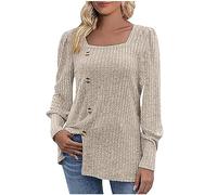 Pullover Tricot Femme Manches Longues Col Carré Femme Sweat-Shirt avec Boutons Grande Taille Sweats Casual Couleur Unie Décontracté Pull Ample Mode Ourlet Fendu Sportswear Doux et Confortables