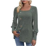 Pullover Tricot Femme Manches Longues Col Carré Femme Sweat-Shirt avec Boutons Grande Taille Sweats Casual Couleur Unie Décontracté Pull Ample Mode Ourlet Fendu Sportswear Doux et Confortables