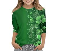 Pulls Adolescents Filles Jour de la Saint-Patrick T-shirt avec imprimé trèfle à col rond et ample Convient pour le quotidien, l'école et les activités de loisirs, Vert fluo 01, 120