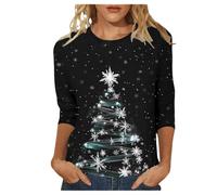 Pulls de Noël pour femmes UK Grande taille avec imprimé arbre de Noël scintillant à manches 3/4 en coton à col rond - Blouse décontractée et élégante - T-shirt à manches longues pour femmes