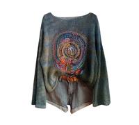 Pulls Femme Vintage Imprimé Floral Bohème Pull Over Tricoté Chic Et Élégant Col Rond Manche Longue Sweater Motif Jacquard Hauts Oversize Casual Vetement 2025 Femme Décontractés