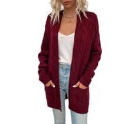 Pulls, Gilets Et Sweats Femme,Cardigans Tricotés Pour Femmes Mode Bordeaux Rouge Cable Jacquard Pulls Ouverts Sur Le Devant Cardigan Avec Poche Automne Hiver Classique Basique À Manches Longues En