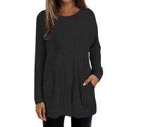 Pulls longs pour femmes UK tailles grandes à manches longues en tricot épais pour femmes - Col rond - Légers - Tops amples pour l'hiver - Pulls d'hiver en tricot uni décontractés avec poches, Noir