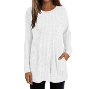 Pulls longs pour femmes UK tailles grandes à manches longues en tricot épais pour femmes - Col rond - Légers - Tops amples avec poches - Pulls d'hiver chauds en couleur unie - Décontractés - Tops de