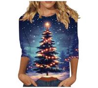 Pulls Noël Femmes à Manches 3/4 Top Ample Chic Tee Shirt à Col Rond Pullover avec Imprimé Arbre de Noël lumineux Sweat Automne Hiver Décontracté Comfortable Haut Vêtements Pour Les Réunions de Famille
