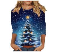 Pulls Noël Femmes à Manches 3/4 Top Ample Chic Tee Shirt à Col Rond Pullover avec Imprimé Arbre de Noël lumineux Sweat Automne Hiver Décontracté Comfortable Haut Vêtements Pour Les Réunions de Famille