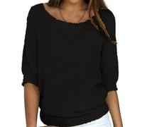 Pulls pour femmes décontractés à col bateau en tricot tunique chemisier unis amples t-shirts tendance à manches 3/4 pull-overs, Noir , XXL
