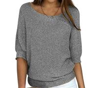 Pulls pour femmes décontractés à col bateau en tricot tunique chemisiers unis amples t-shirts tendance à manches 3/4 pull-overs, gris, XXL