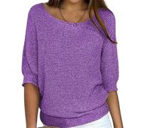 Pulls pour femmes décontractés à col bateau en tricot, tuniques, chemisiers unis amples, t-shirts tendance à manches 3/4, pull-overs, violet foncé, S