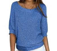Pulls pour femmes décontractés à col bateau en tricot, tuniques, chemisiers unis amples, t-shirts tendance à manches 3/4, pull-overs, bleu, XL