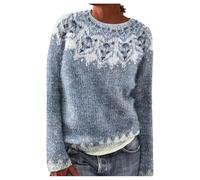 Pulls pour Femmes Fair Isle Grande Taille Col Rond Pullover épais et Chaud en Tricot Rundhals à Manches Longues Décontracté Lâche Hauts Automne Hiver Convient pour Noël Fête et Usage (Light Blue, XXL)