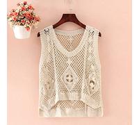 Pulls Sans Manche Femme,Womens Rhombus Crochet Vest Blanc Col En V Fleurs Creuses Ourlet Asymétrique Pull Sans Manches Slim Fit Court Knit Vest Boho Hippie Gilet Blouse Summer Bikini Cover Up,Beige