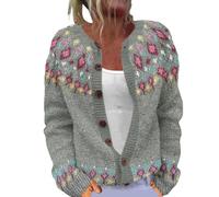 Pulls Tricotée Femme Manches Longues Mode Chaud Jacquard Boutonné Cardigan | Pull de Noel Femme Hiver Col Rond Chic et Elegant Travail Bureau Manteau Décontracté Polyvalente Ski Vacances Voyages Sweater