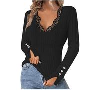 Pulls tuniques décontractés pour femmes en dentelle à col en V avec boutons décoratifs à manches longues en tricot côtelé pulls hauts jumpers pour dames taille UK S-XXL, Noir , L