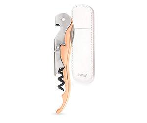 Pulltex Couteau Sommelier « PULLTAP'S » 3 pièces (Lame Micro-dentée, Double Levier avec décapsuleur, mèche Noire), Rosé Gold