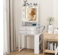 Puluomis Coiffeuse avec éclairage LED miroir, table de maquillage avec prise électrique, support pour sèche-cheveux, coiffeuse avec tiroirs, étagère blanche