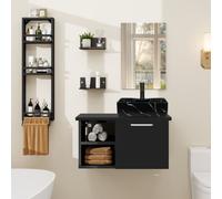Puluomis Ensemble de meubles de salle de bains avec porte-serviettes, lavabo céramique noir meuble sous lavabo meuble bas avec miroir salle de bains cuisine