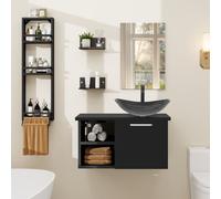 Puluomis Ensemble de meubles de salle de bains avec porte-serviettes, lavabo en verre noir et blanc, meuble sous lavabo, meuble bas avec miroir salle de bains cuisine