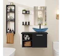 Puluomis Ensemble de meubles de salle de bains avec porte-serviettes, lavabo ovale en verre bleu meuble sous lavabo meuble bas avec miroir salle de bains cuisine