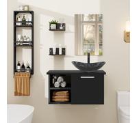 Puluomis Ensemble de meubles de salle de bains avec porte-serviettes, lavabo ovale en verre noir meuble sous lavabo meuble bas avec miroir salle de bains cuisine